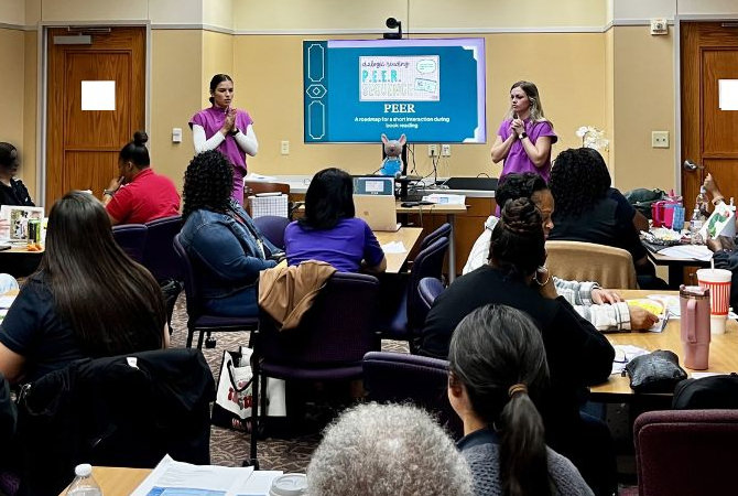 Brooke Johnson ’24 and Ella Amis ’24, second-year speech-language pathology master’s students