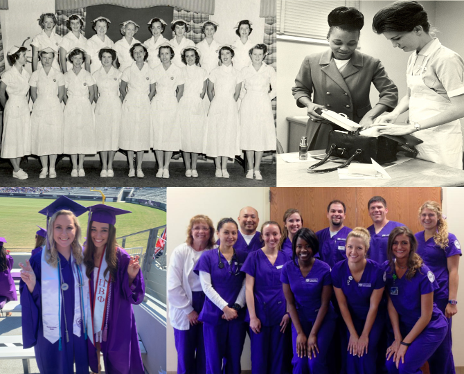 Collage of images from Harris College Nursing through the years, from the 1950s to 2020s